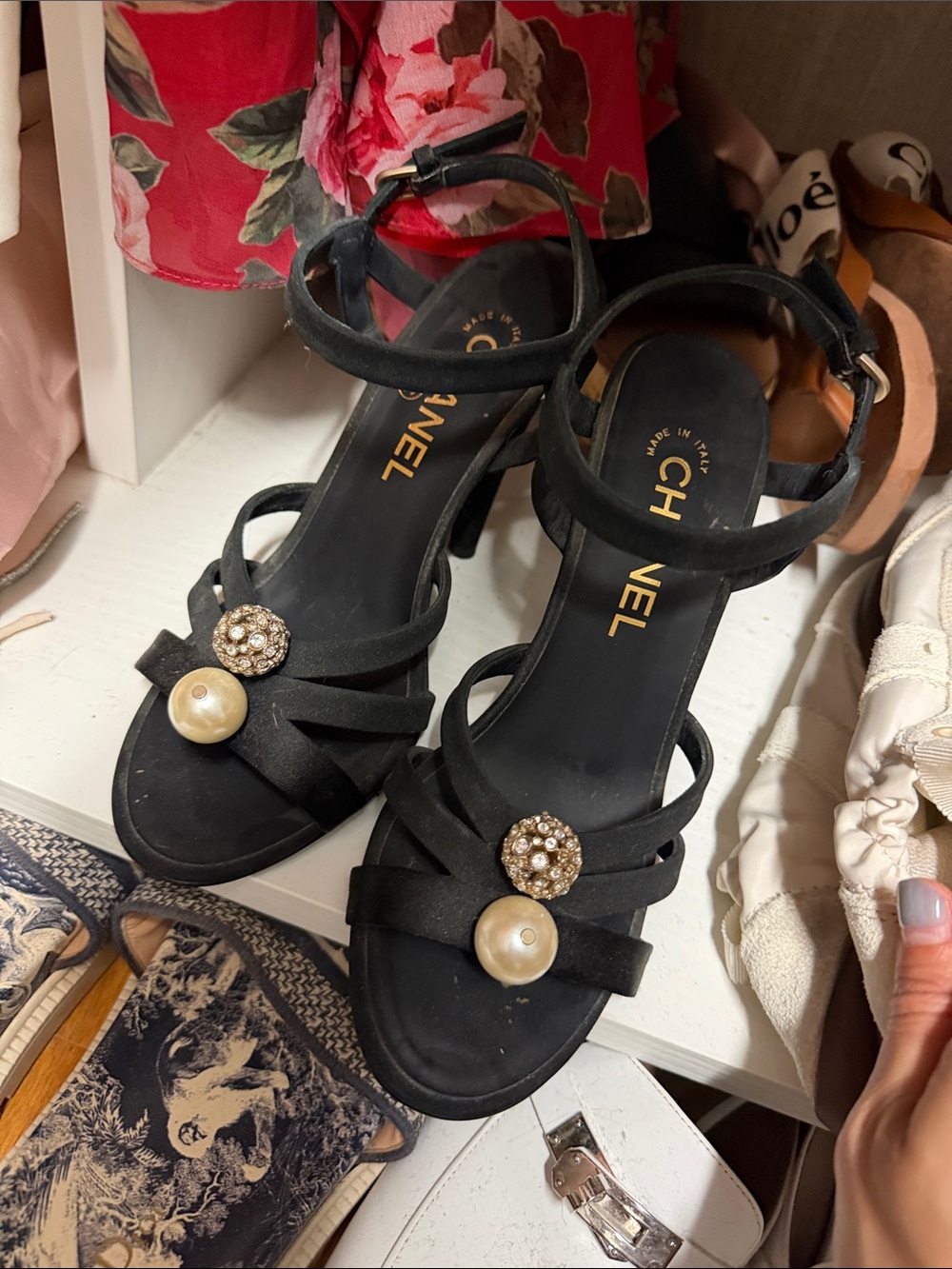 CHANEL Black Suede Pearl & Crystal Embellished Ankle-Strap Heels